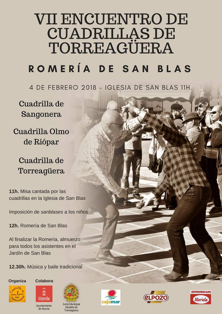 Ven este domingo, dia 4 de febrero, al VII Encuentro de Cuadrillas de Torreagüera - Romería de San Blas, nos acompañarán las Cuadrillas de Sangonera y Olmo de Riópar
buff.ly/2FABu1B