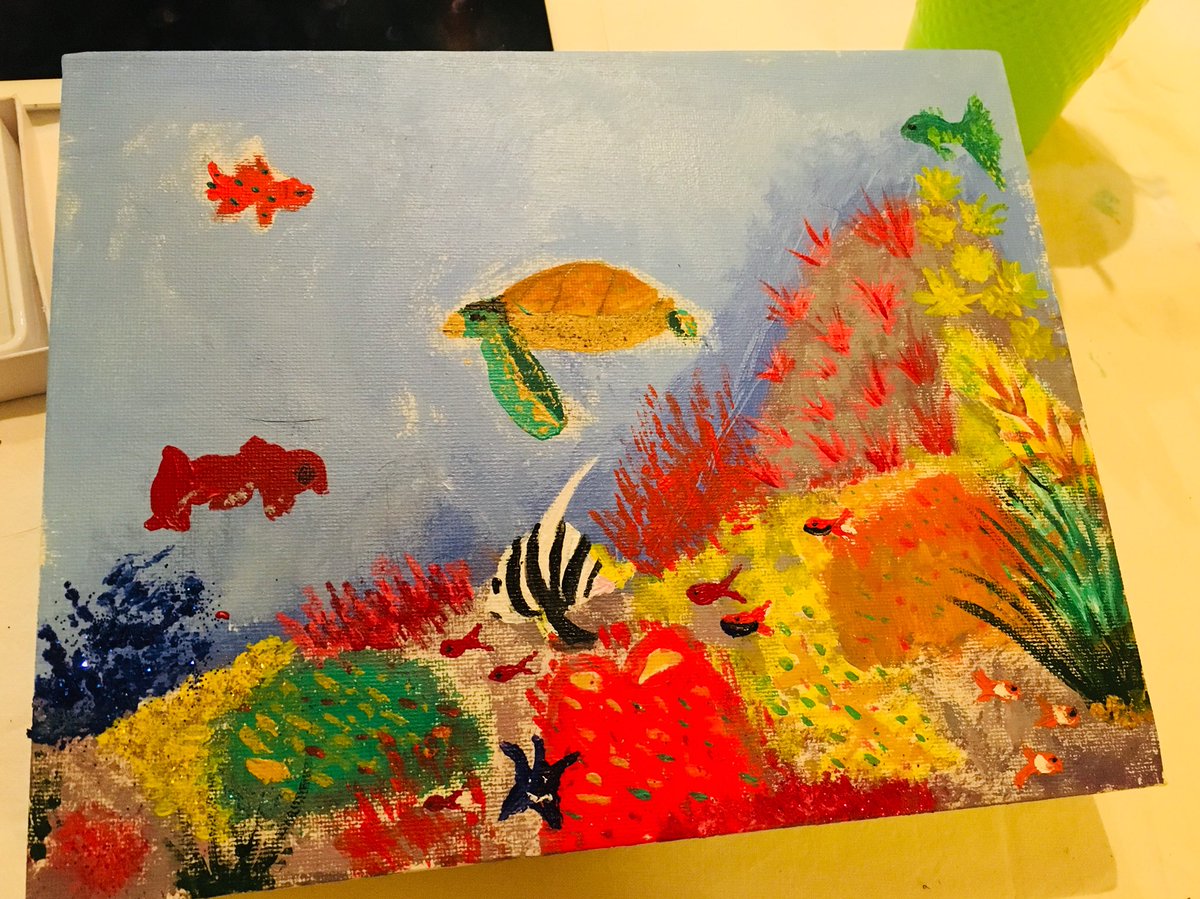 Keeping a 9yo busy post-school run whilst I play catch up, lots going out today working the #nightshift however he made a canvas for his god-father, bless! I think we have a budding young artist in the making! #brushstrokes #acrylic #ocean #creativityrunsinthefamily #proudmom