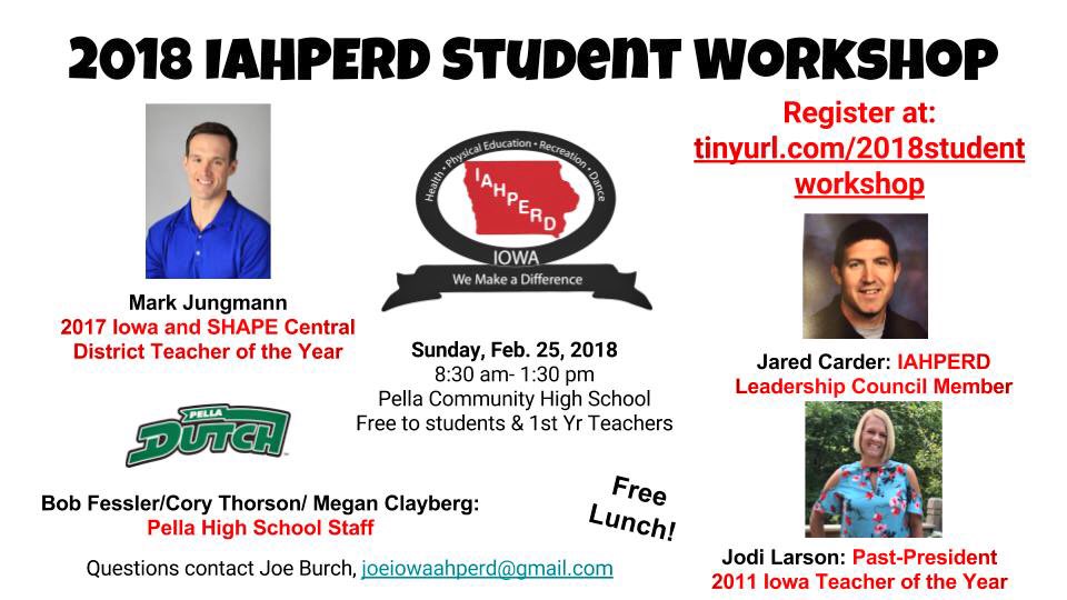 eheard's tweet image. It’s hard to beat this lineup for a convention, let alone a student workshop. Hope any students or first year PE teachers can make it. I’ll be there as well! Let’s help each other get better. @iowaahperd @DMschools @WDMCS @WaukeeCSD @AnkenySchools @UrbandaleCSD @JohnstonCSD