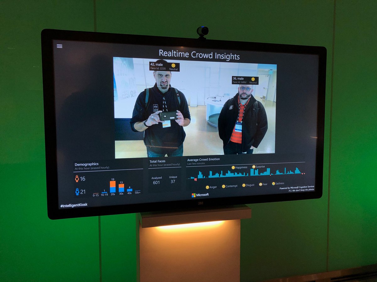 SQLChicken's tweet photo. The #IntelligentKiosk at #Microsoft visitors center is fun (and mean, I'm only 35!) https://t.co/c6Har4ALz8