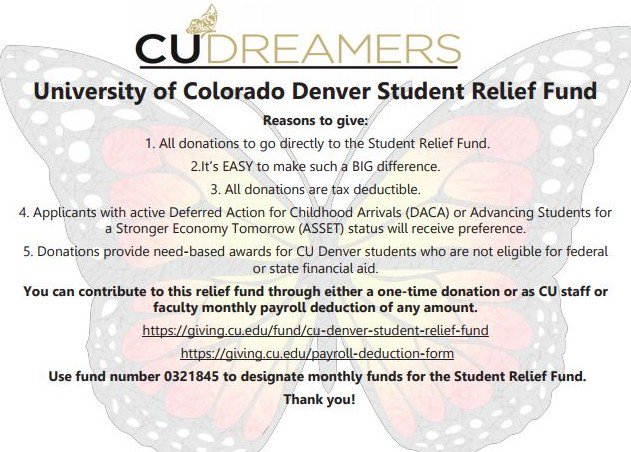cudenverpal's tweet photo. Consider donating to or applying for the CU Denver Student Relief Fund, which is the only form of financial support from CU Denver for our undocumented students. 
Donate: https://t.co/N7CUXewl1T 
Apply: https://t.co/vx8M48BOLM https://t.co/xHafALVSxl