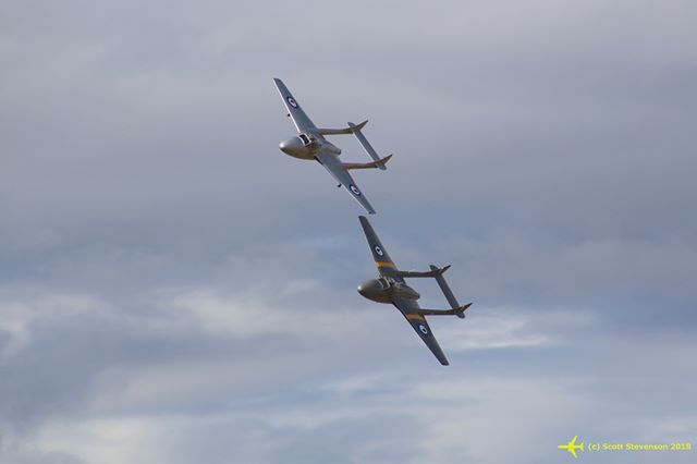 From #warbirdsoverwanaka 2014, two De Havilland Vampires in a formation pass after the #GigatownWanaka Jet Race. #avgeek