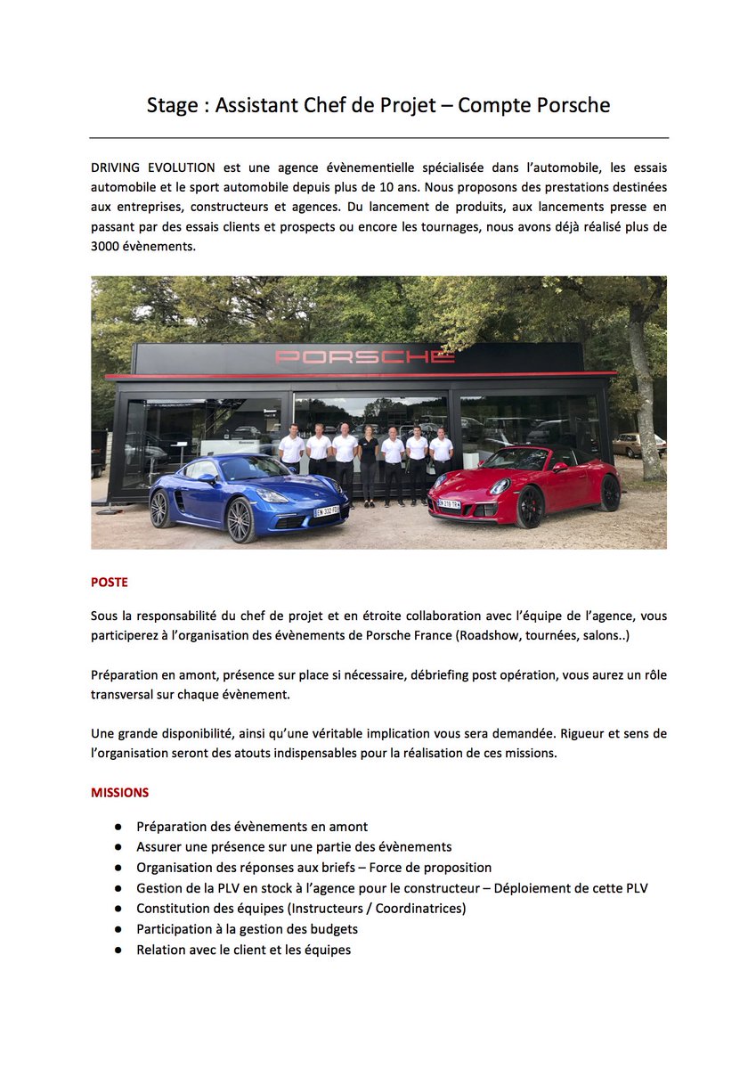 driving_evo's tweet photo. Offre de Stage à saisir !
Nous sommes à la recherche d'un(e) stagiaire pour assister notre chef de projet sur le compte #Porsche
Contactez Lucas Devin (lucas@group-evo.com) pour plus d'information.
Lien de l'offre : https://t.co/R0kPuVNUqS #stage #automobile #DrivingEvolution https://t.co/RIP4Ke9YO3