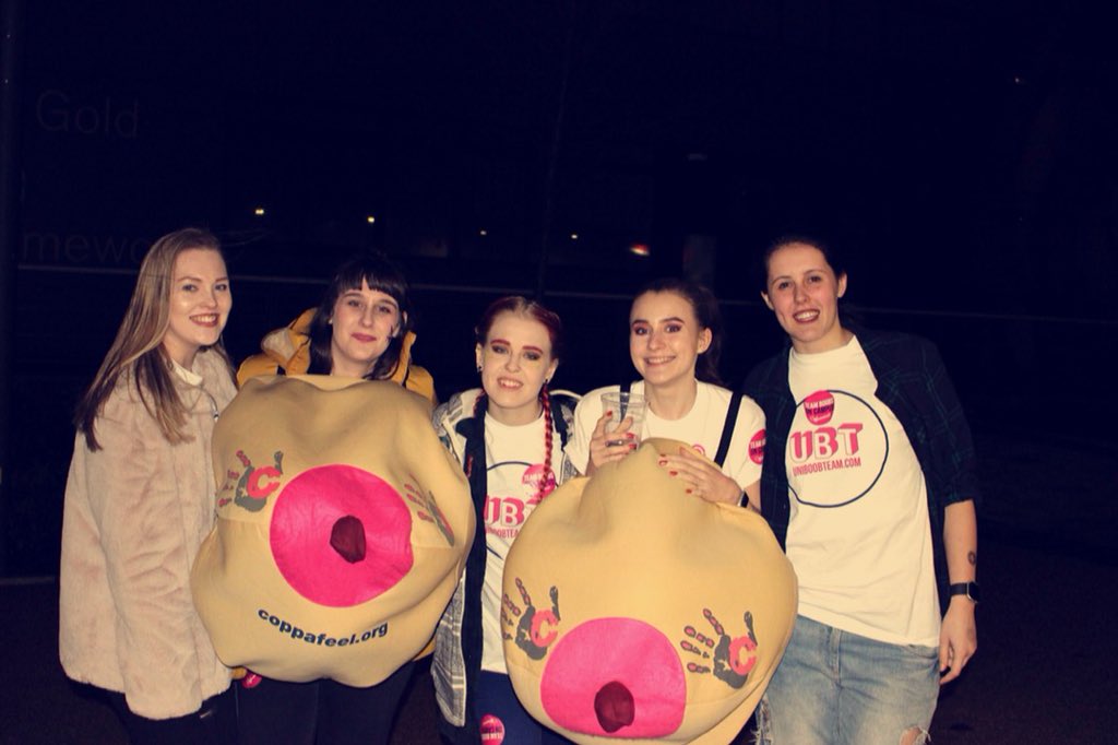 UBTDMU's tweet photo. All for and one for all- changing the world, one boob (or two!) at a time! From left to right we have Steph, Anna, Paige, Saskia and Kate! (And a shout out to the rest of the team who aren’t in the picture) @CoppaFeelPeople https://t.co/voZFtFgSem #UniBoobTeam #ubtdmu #Event https://t.co/2pqhgY7Szw