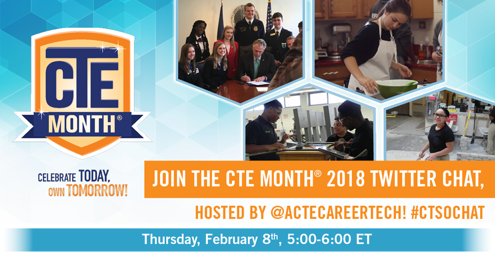 actecareertech's tweet photo. ACTE is holding a twitter chat on Thursday, Feb. 8 at 5:00 PM ET. Come and talk about #CareerTechEd &amp; how you are celebrating #CTEMonth! Use #CTSOchat https://t.co/cu1GjCNy8o