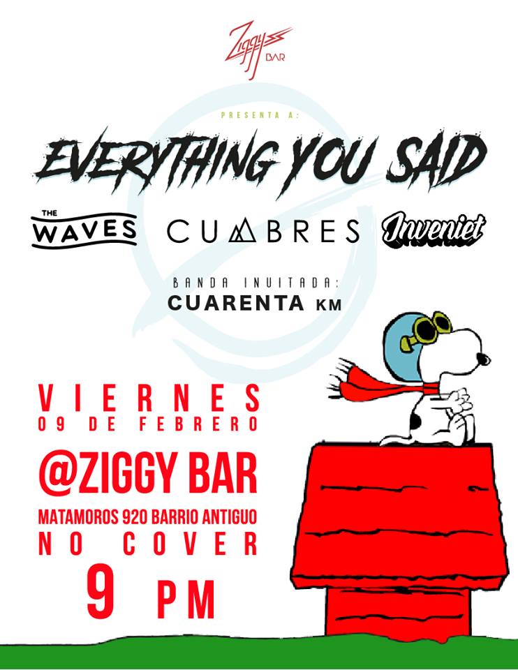 VIERNES 09 DE FEBRERO - <a href="/EYSMX/">Eys</a> + <a href="/TheWavesMx/">The Waves</a> + #Cumbres + <a href="/nvntmx/">Inveniet</a> en <a href="/ZiggyMty/">Ziggy Bar</a> | Banda invitada: #CuarentaKm | Más info: goo.gl/HJPFU9