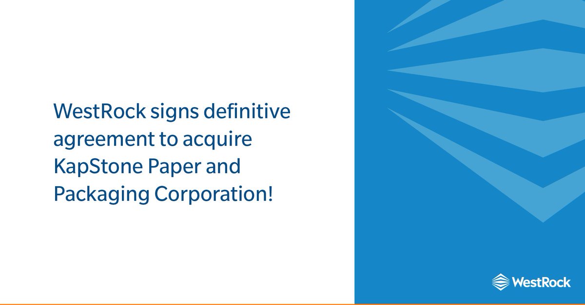 WestRock's tweet photo. WestRock to acquire KapStone Paper and Packaging Corporation. KapStone’s containerboard and corrugated packaging operations expands WestRock’s footprint.  Will also expand suite of packaging solutions in the industry.(https://t.co/GFu5ronrfm) https://t.co/Imp1lP4vgX