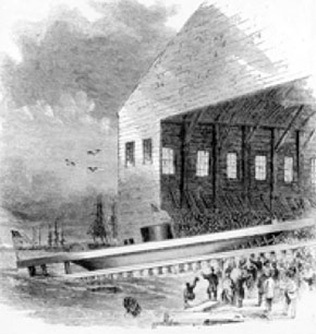 USSMonitorLab's tweet image. #OTD The launching of #USSMonitor January 30, 1862 @ Continental Iron Works #GreenpointNY Harpers’ Weekly, September 1862