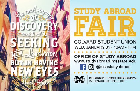 msstateglobal's tweet photo. Guess what tomorrow is! You guessed it. It is the Study Abroad Fair! Come join us to discover opportunities for studying abroad. @StudyMSUabroad #MSUGlobal https://t.co/G1ueGkne1n