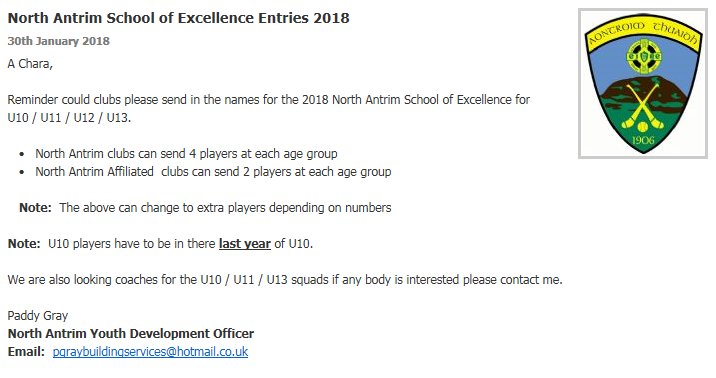 Reminder could clubs please send in the names for the 2018 North Antrim School of Excellence for U10 / U11 / U12 / U13 <a href="/northantrimgaa/">North Antrim GAA</a> northantrimgaa.com/-news/north-an…