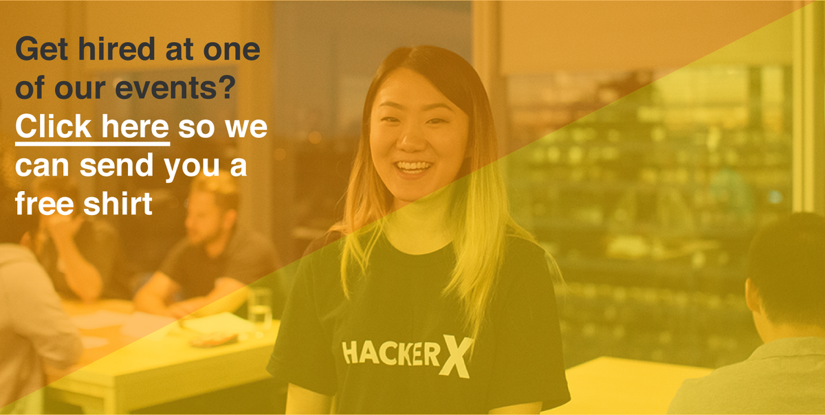 TalentXevents's tweet photo. RT HackerXEvents "Hired at one of our events? Let us know and we'll send you a limited edition HackerX shirt!

https://t.co/M7EOkpsu7Z https://t.co/IdB4i31EG7"