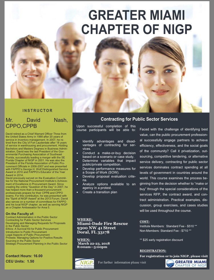 NIGPMiami's tweet photo. New Class Alert: Contracting for Public Sector Services will be taught by David Nash from March 22nd - 23rd. Sign up now!!! https://t.co/VD4yas585C