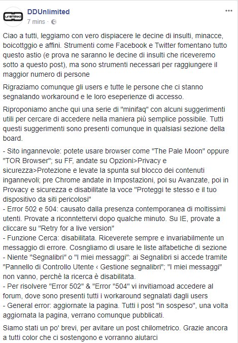 DDUnlimitedNet's tweet image. Ciao a tutti, Twitter ci obbliga ad una brevità bestiale. Sulla nostra pagina FB abbiamo pubblicato un po&apos; di workaround di accesso. Siamo sintetici: screenshottiamo e ve lo riproponiamo anche qui #RetweeetPlease