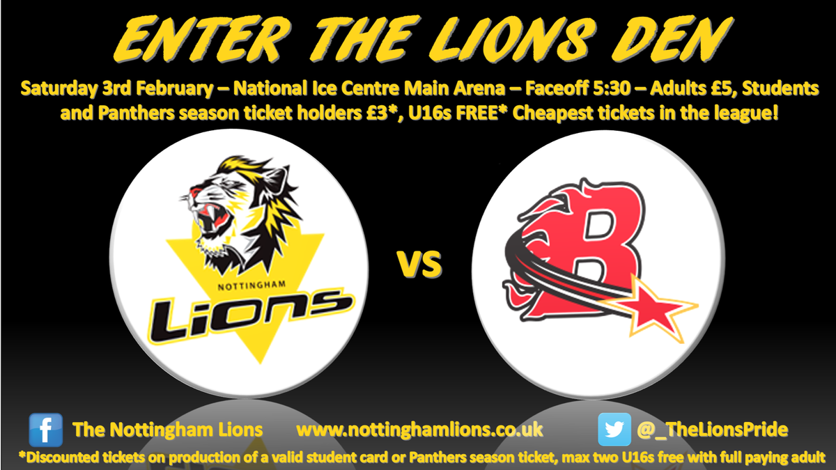 _TheLionsPride's tweet photo. THIS SATURDAY, MAIN ARENA GAME. We take on the @billinghamstars on the main rink at the @Nat_Ice_Centre for a 5.30 face-off. Don't forget if you can't make it there's live commentary on our YoutTube channel with @Chris_Gadsby who this week will be joined by @OddManRushYT #oneNIHL https://t.co/nsOmOEPQ5M