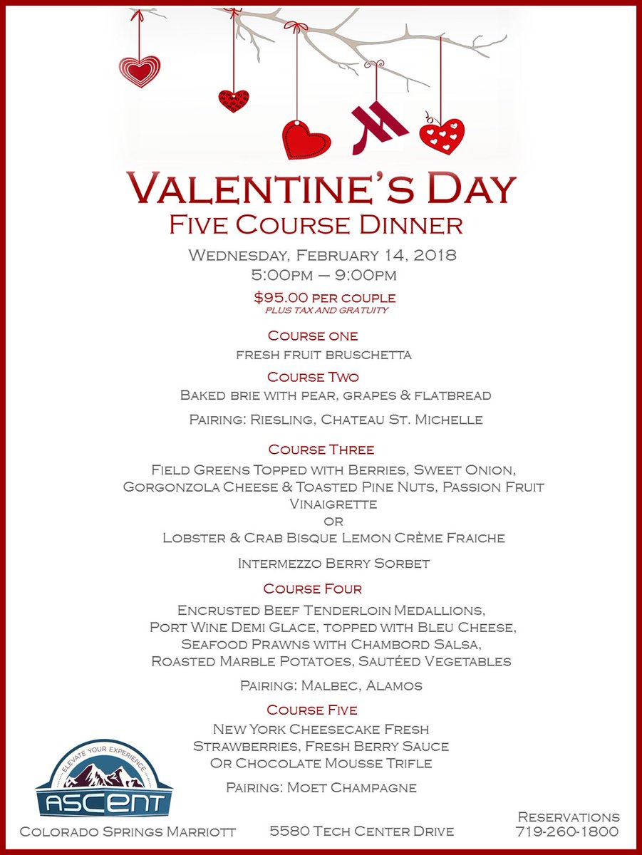 CoSprgsMarriott's tweet photo. #ValentinesDayDinner #5courses #Delicious #CoSpringsMarriott #AscentRestBar #Reserveyourseattoday #truelove #goodfoodgreatprice #Romance https://t.co/ycoAy9uoVg