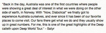 Australia! The Deep calleth upon Deep World Tour 2018 is venturing down under in April. 
Tickets are now on sale at tickets.destroyalllines.com/Default.aspx?E…
#satyricon #deepcallethupondeep