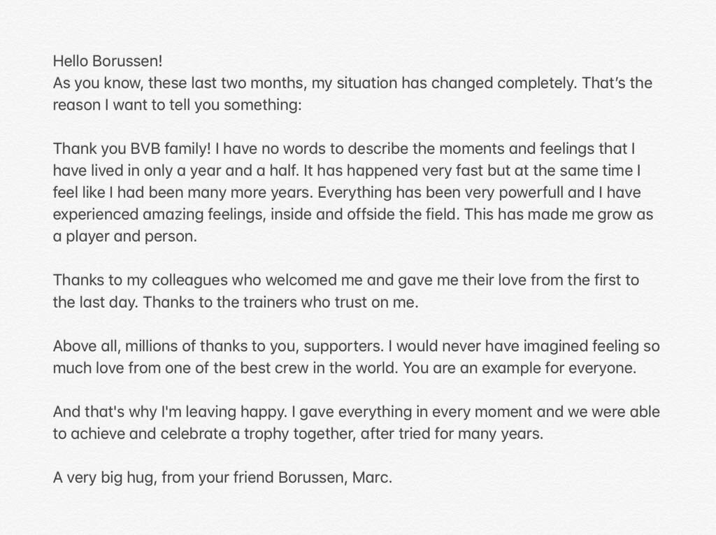MarcBartra's tweet photo. Thank you BVB family! I have no words to describe the moments and feelings that I have lived in Dortmund with you and I will never forget it. Danke für alles Borussen! https://t.co/TCCMEA8zDT
