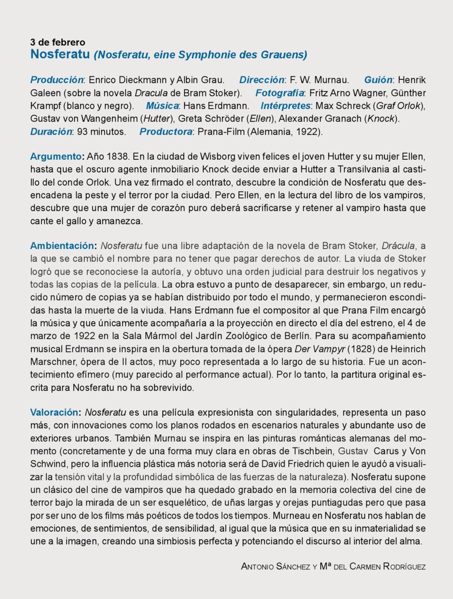 Primera sesión 3 #febrero. Nosferatu.  Coloquio: M.Carmen Rodríguez Oliva  Música en directo, compuesta e interpretada por Antonio Sánchez #cicloMurnau