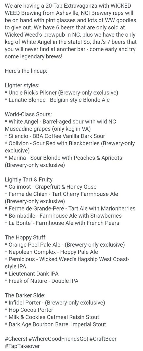 We are just 24 hours away from our 20-Tap Extravaganza with <a href="/wickedweedbeer/">Wicked Weed Brewing</a> !!  Unbelievable lineup of sours and other exclusive #craftbeers you won't get to try unless you head to #Asheville.  #Cheers #welovebeer #WhereGoodFriendsGo! #TapTakeover #TapExtravaganza #GetWicked