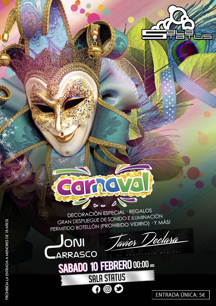 🎭🎭Muy buenas Amig@s!!!
✔️SABADO 10 de FEBRERO✔️
Ya tenemos preparado el FIESTÓN de Carnavales👺 y como siempre te esperamos con tú mejor y mas original disfraz🗿🤖👻
Rt ó ❤️ para ganar entradas.