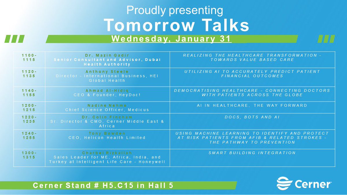 MichaelSchelper's tweet image. What a line up of #ThoughtLeaders for the next #TomorrowTalks @Arab_Health. @CernerME  @Cerner