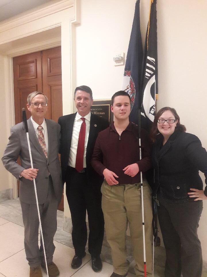 Thank you <a href="/RobWittman/">Rep. Rob Wittman</a> for meeting personally with <a href="/NFBVIRGINIA/">NFBVirginia</a> today. We appreciate your support of #AimHigh &amp; opposition to HR 620! #NFBWS18 Left to right: former NFBV President Michael Kasey, Rep Wittman, VABS Secretary <a href="/Chrisn98/">Chris Nusbaum</a>, &amp; NFBV Secretary <a href="/sarah2346/">Sarah Patnaude</a>.