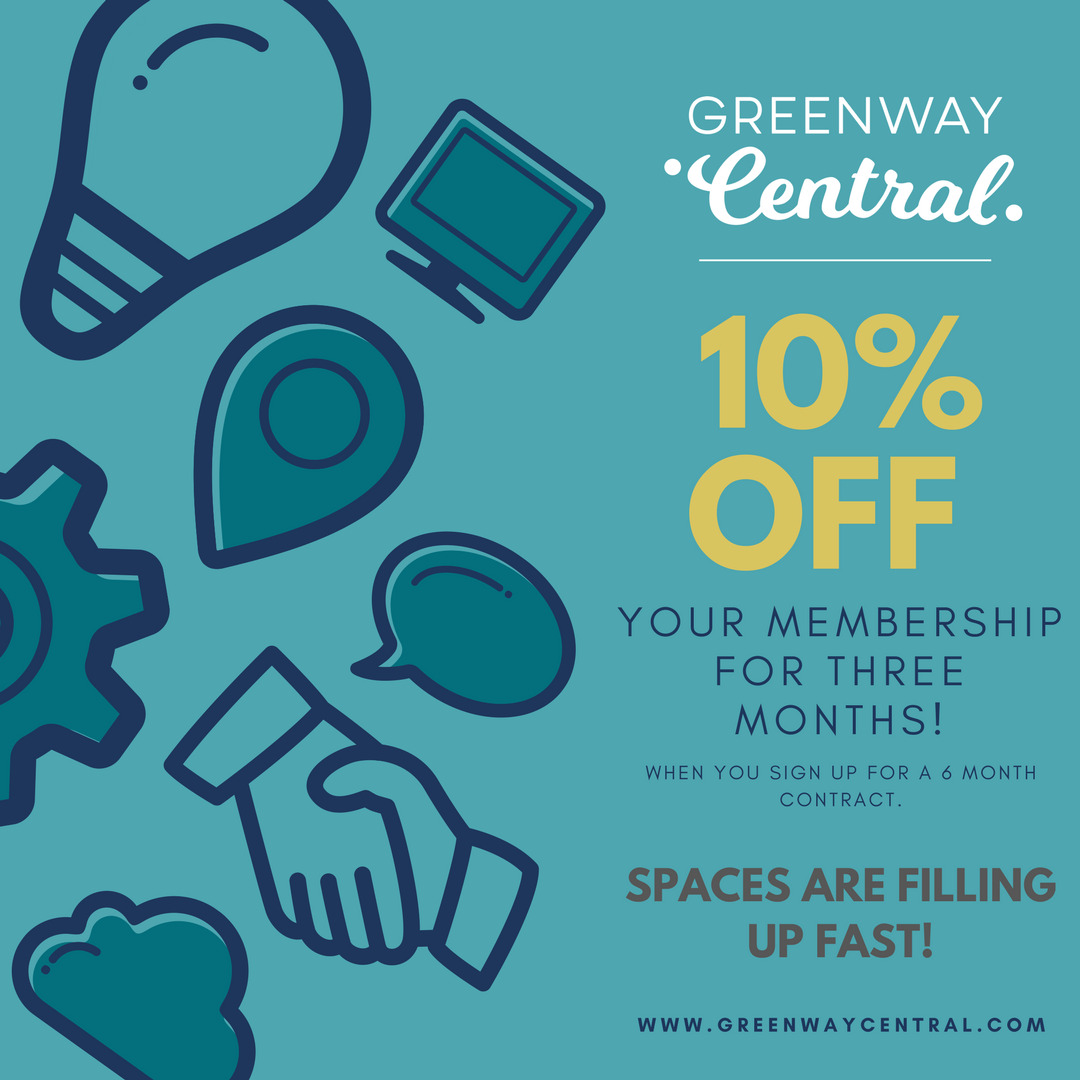 greenwaycentral's tweet photo. Start your new year off right with some new digs! 
Right now all of our dedicated desks &amp; office spaces are on sale! 
Spaces are filling up fast! Enjoy free parking, unlimited coffee, and a great coworking community!
#coworking #community #entrepreneur #freelance #smallbiz https://t.co/SYyKuDsQOx