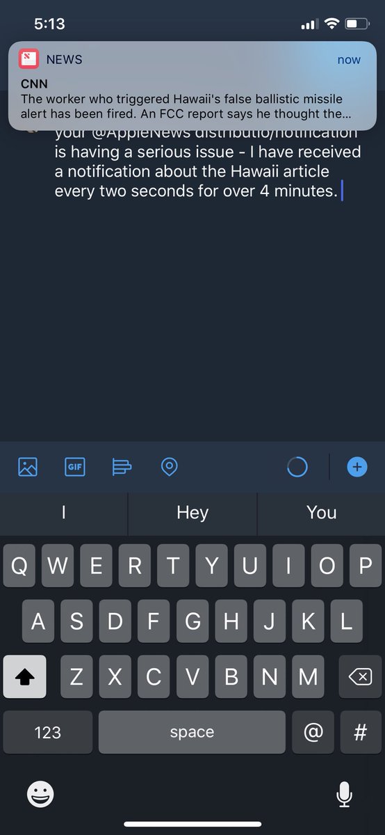 BenjaminPazian's tweet photo. @cnnbrk or @CNN , whomever is running your @AppleNews distribution/notification program is having a serious issue - I have received a notification about the Hawaii article every 4 seconds for over 4 minutes. https://t.co/G3881uT6Sx