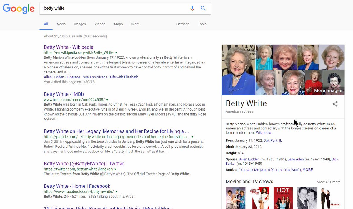 davidbline's tweet image. Google says you are dead.  I am so glad it is not true! I tried to tell them but they are not listening to me. @BettyMWhite