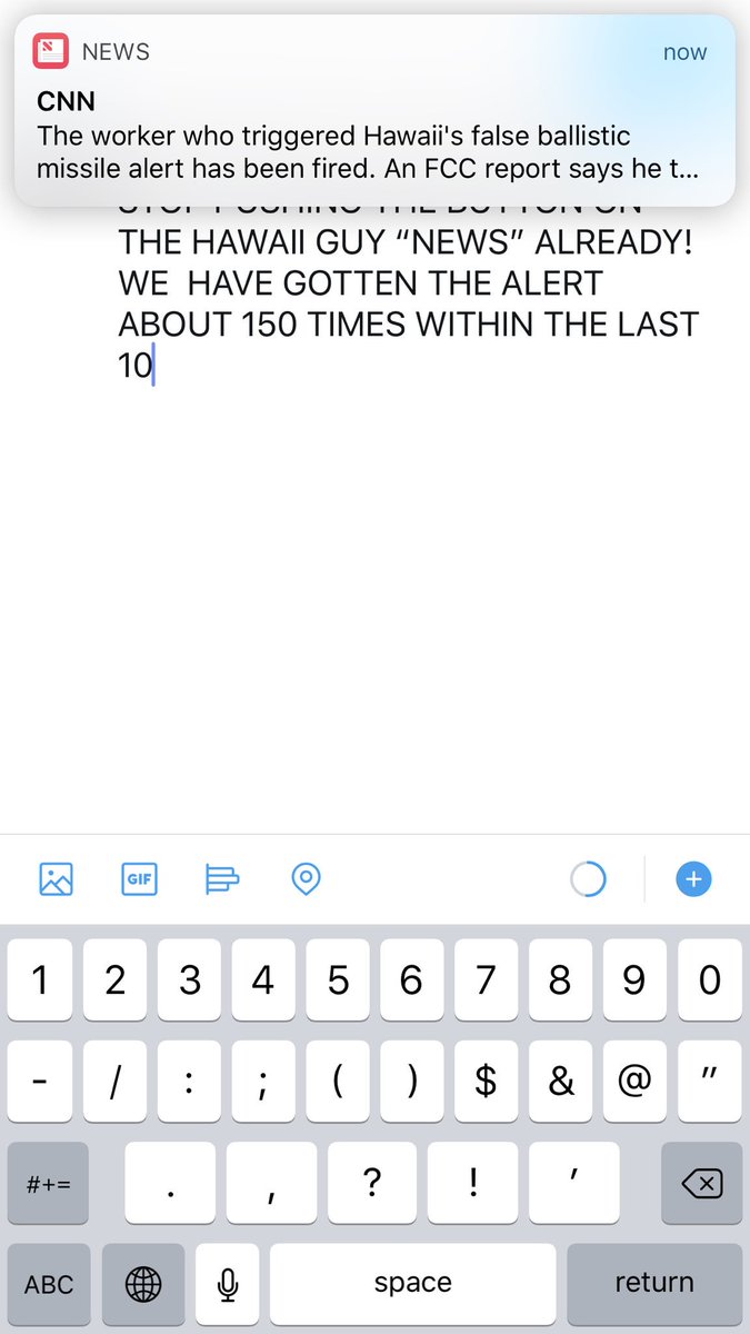 FranciscoCervi's tweet photo. Hey @CNN @cnnbrk SOMEBODY STOP PUSHING THE BUTTON ON THE HAWAII GUY “NEWS” ALREADY! WE HAVE GOTTEN THE NOTIFICATION ABOUT 250 TIMES WITHIN THE LAST 5 MINUTES!!! Are you firing this idiot as well?#cnn #hawaiialert https://t.co/t0aACweVUx