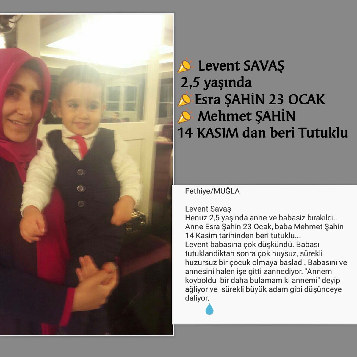 TutsakBebekler's tweet photo. MUĞLA

LEVENT BEBEK (2,5)

Annesi ESRA ŞAHİN 23 Ocak Babası MEHMET ŞAHİN 14 Kasımdan beri tutuklu.

Levent annesiz ve babasız kalmamalı. En azından annesi tutuksuz yargılanmalı.

BebekliAnneler TutuksuzYargılansın

#668BebekHapiste 

@MSTanrikulu https://t.co/nwsoNGBGop