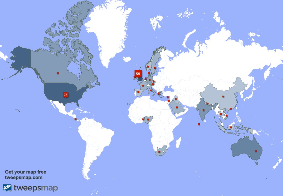 JohnLargue's tweet photo. My followers live in 33 countries: UK.(57%), USA(27%)... https://t.co/76ilIsGHJ5 Get your free map! https://t.co/vg0Urx4ZlO