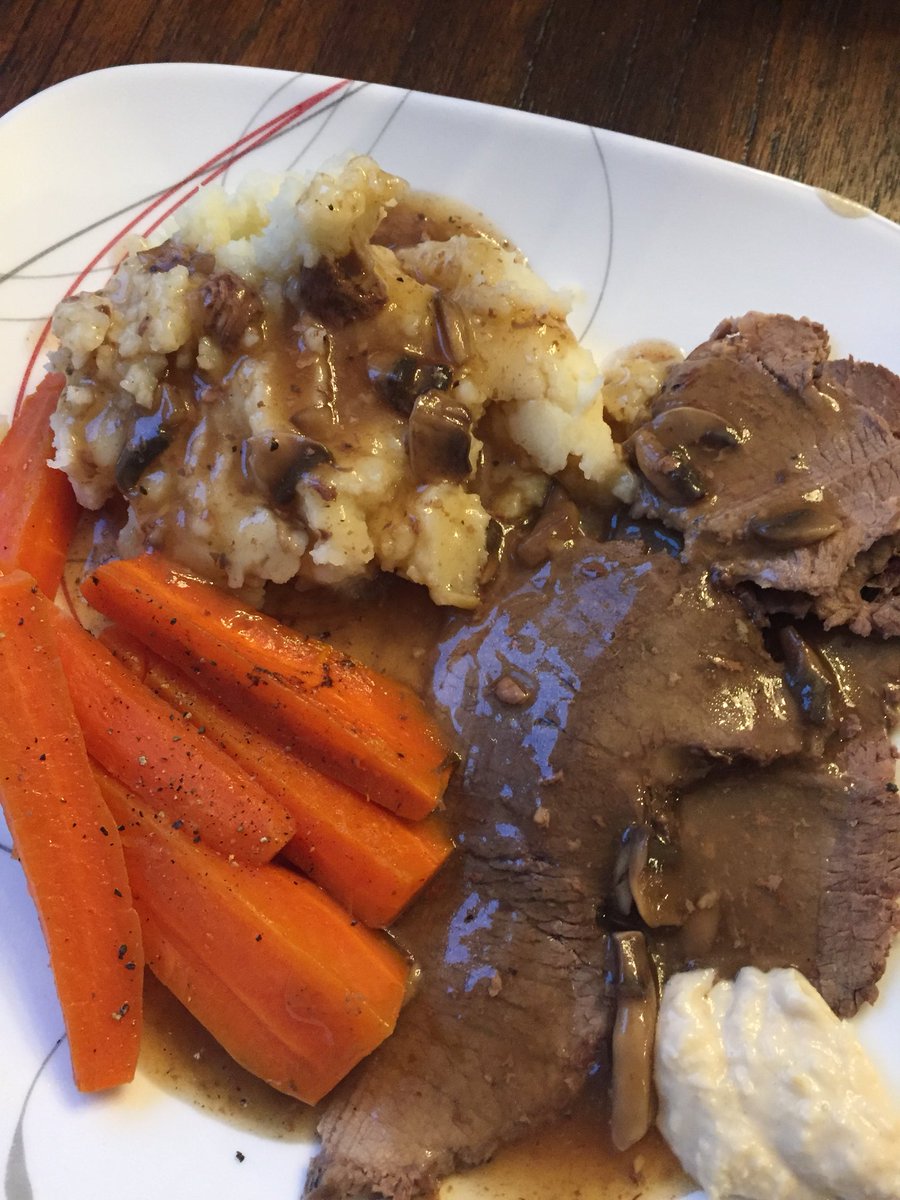 ChrisHannon's tweet photo. THIS. This is why my bride likes when I work from home. It’s my turn to make supper. #roastbeef #mashedpotatoes #carrots #mushroomgravy #comfortfood #onacoldday https://t.co/3BCH9aY5Jm