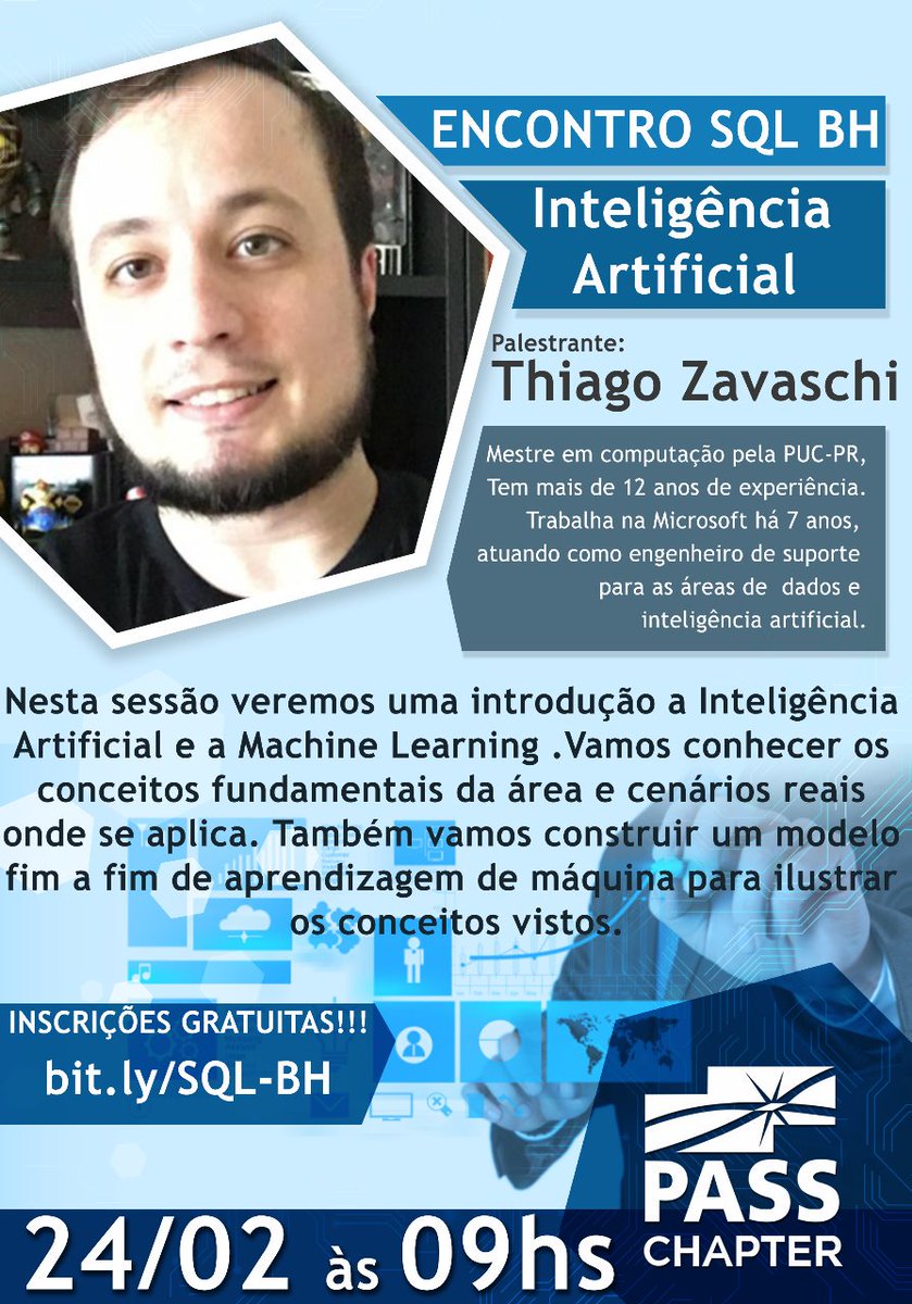 suladantas's tweet image. Thiago Zavaschi é presença confirmada no próximo encontro do PASS Chapter SQL BH. Não fique de fora, faça sua inscrição já! meetup.com/pt-BR/SQL-BH/e…
Evento gratuito!
Inscrições pelo link: meetup.com/pt-BR/SQL-BH/e…
#SQLBH 
#BHs2SQLServer
#BI
#Microsoft