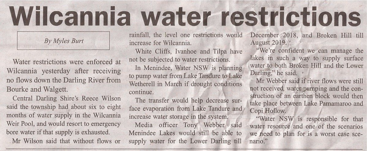 #ausmedia No flows down from #Bourke and #Walgett and about 6-8mths water left in #WilcanniaWeir pool. Nice.  'Wilcannia water restrictions' (MBurt, @BDtruth 25/Jan/2018) #SaveOurDarling / #Baaka #waterislife