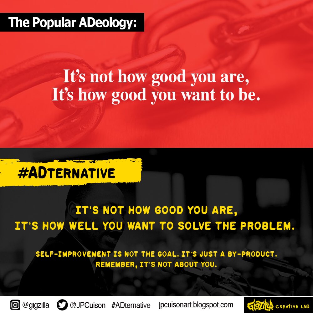 JPCuison's tweet photo. Yes, your job can be all about you. Or, about others. Remember, there’s an #ADternative .
.
#gigzillacreativelab #creative #creativity #advertising #adlife #adman #madmen #graphicdesign #graphicdesigner #designer #purpose #meaning #identity https://t.co/sCV1AsmpNp
