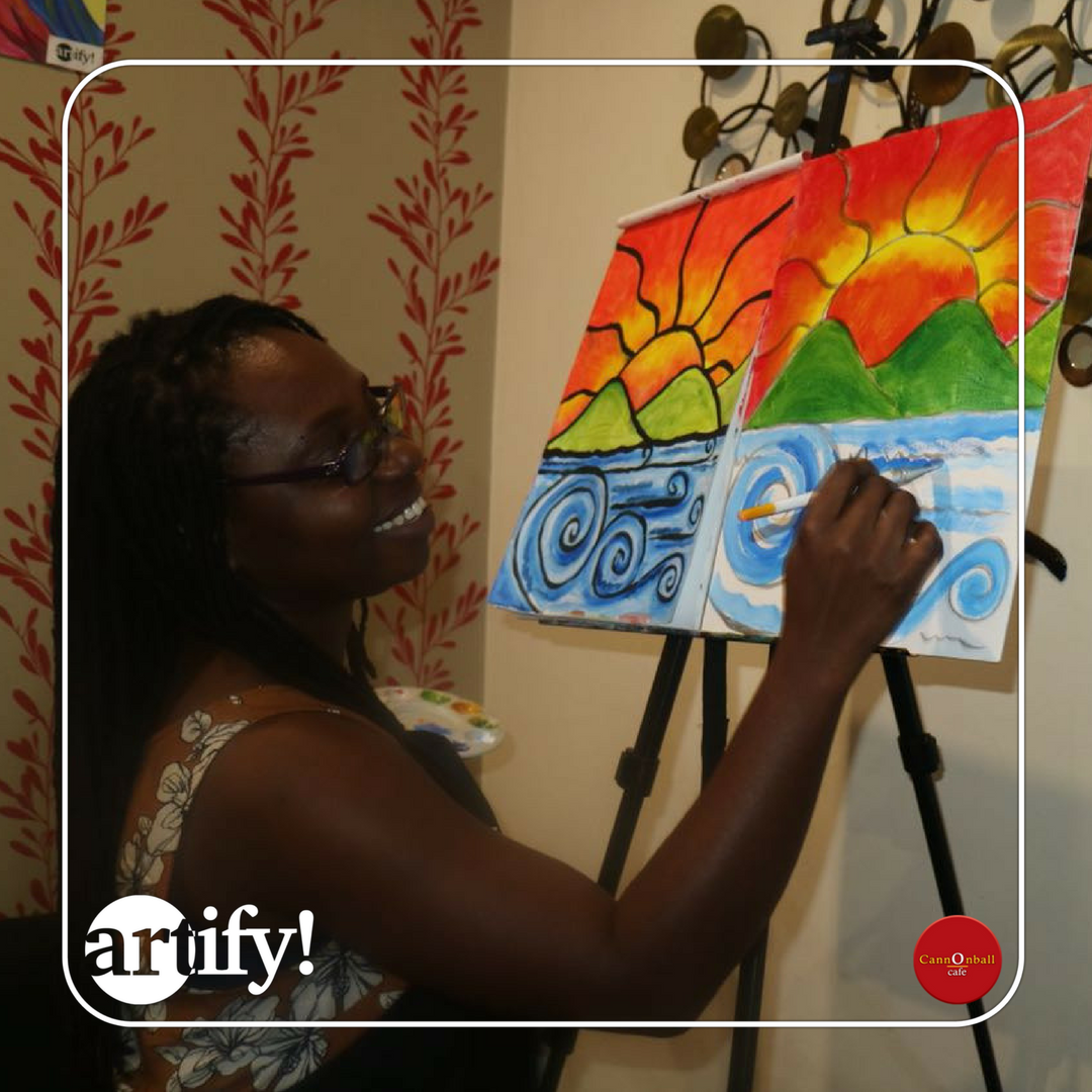 cannonballja's tweet photo. Tonight's awesome instructor, Afayah led the budding Picassos' through tonight's abstract sunset painting. Isn't it a beaut? 🎨  😍  

#CannonballCafe #PaintParty https://t.co/G8YCcJ54gT