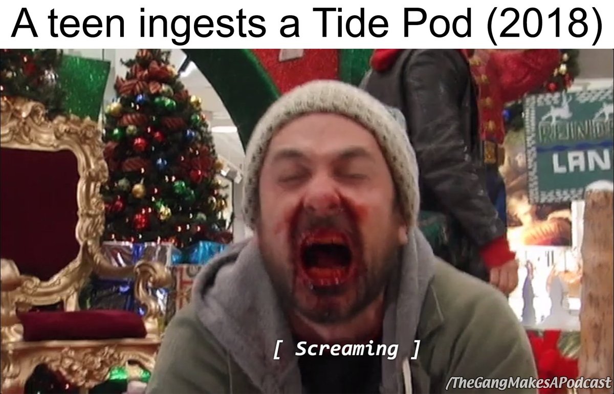 TheGangPodcast's tweet photo. When you eat that forbidden fruit. #TidePodChallenge #IASIP https://t.co/EkFmuDjzbk