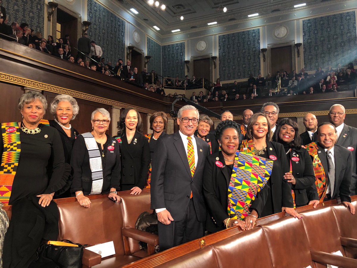 RepAdams's tweet photo. My @OfficialCBC colleagues and I are proudly wearing Kente cloth to the #SOTU to honor the countries POTUS proclaimed “s-holes” last week. https://t.co/nMzfDNGf1o