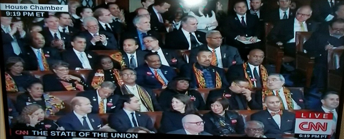 CBFCreates's tweet image. All the Black people are sitting together like this and are not amused by his jobs comment. #SOTU #BlackTwitter