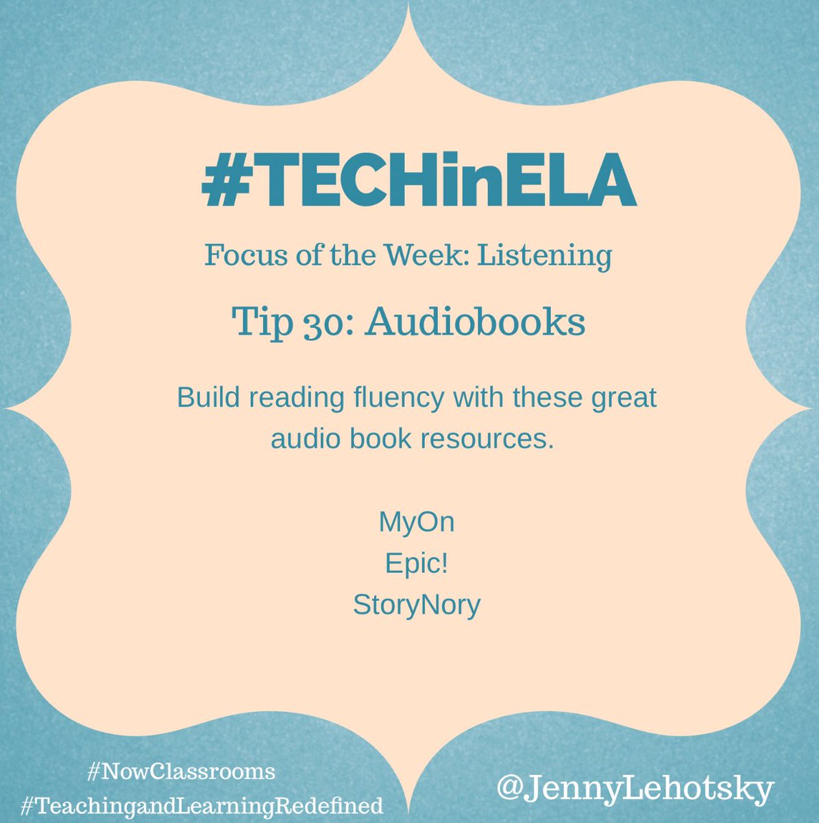 JennyLehotsky's tweet photo. Day 30 #TECHinELA - Audiobook resources to improve literacy. @myONreader @EpicKidsBooks @storynory 
#NOWClassrooms #TeachingandLearningRedefined #D100pride https://t.co/J5mYlweXdW