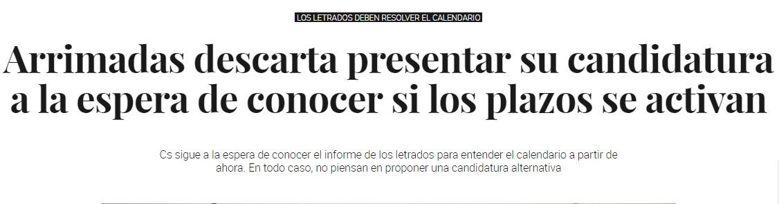 ¿Pero no dicen los albertinos que Arrimadas no se puede presentar a la investidura porque la iniciativa es del Presidente del Parlamento catalán? Si lo "descarta" es que puede hacerlo pero no quiere. En fin, que entre feligreses y bocas de ganso siempre ganan los "malos".