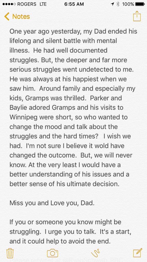 Ryan_Schwab12's tweet photo. It’s been three years now.  Hard to believe and still impossible to understand. The message is the same and even more important as my kids grow up.  Please share by retweeting so we can show our kids that it’s ok to talk about it. #BellLetsTalk https://t.co/lby636ikq4