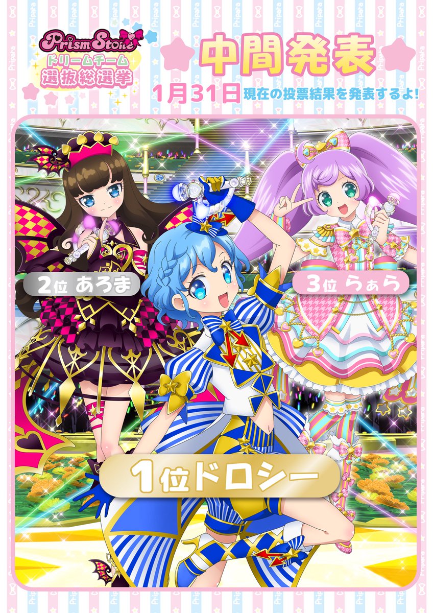 プリズムストーン総合 めが姉ぇ プリパラパンポーン 総選挙の中間発表をお知らせしまーす なんと ドロシーさんが前回の勢いのままついに1位に まだまだ混戦の模様です 選抜総選挙は明日2月1日 木 より二次投票とし全国のプリズムストーンで投票開始