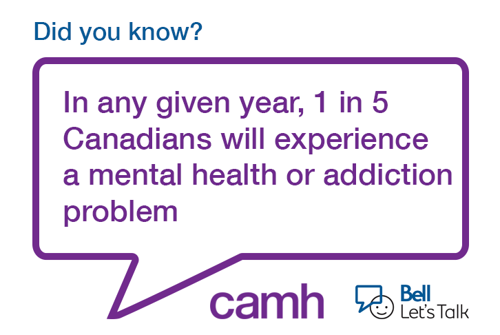 CAMHnews's tweet photo. Did you know that #mentalillness will affect one in five Canadians at some point in their lives? Let's watch out for each other, and promote understanding #BellLetsTalk https://t.co/OD7c8GIxx4