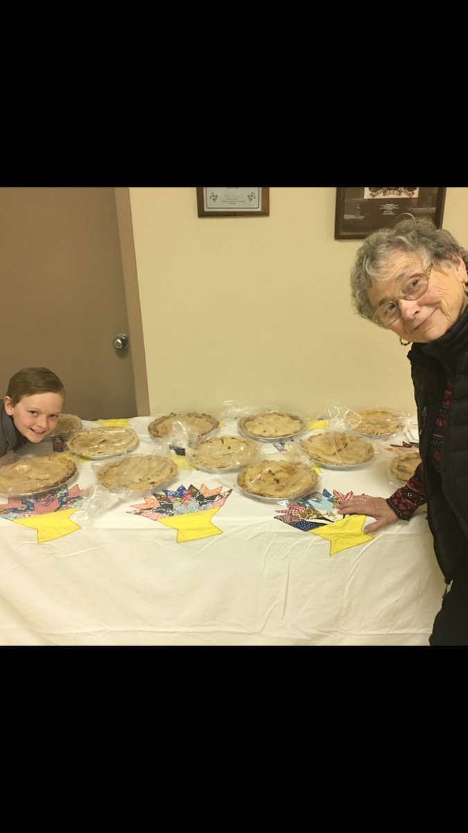 JacquieBurris's tweet image. 4H speech night and Max and Nan pose with the 11 Apple pies she made for judges. Max says let’s put on twitter you might get a retweet Nan.  She says doubt it. Max says bet you will get 1000 retweets.... let’s try.