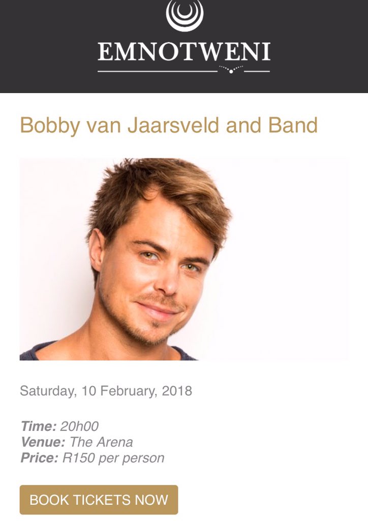 📢 .<a href="/HNelspruit/">Handsome Nelspruit</a> het julle gehoor? <a href="/bobbyvjaarsveld/">BOBBY VAN JAARSVELD</a> is 10 Feb in jul area!
Kaartjies nou aanlyn beskikbaar goo.gl/w12fHN | Kaartjies R120-R150pp