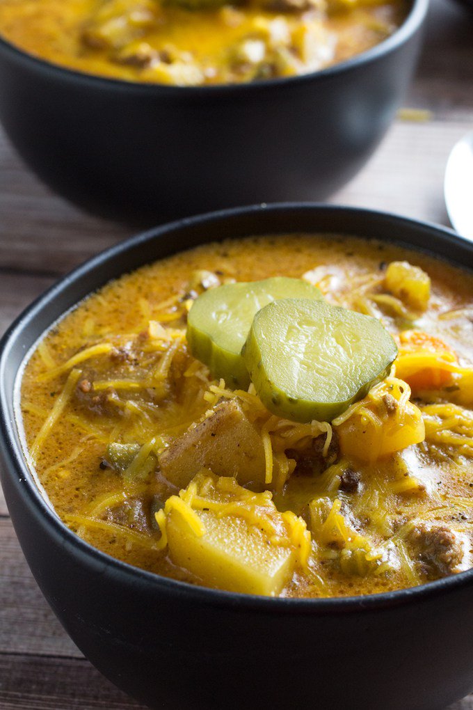 Hearty Crockpot Cheeseburger Soup Recipe dishingdelish.com/crockpot-chees…