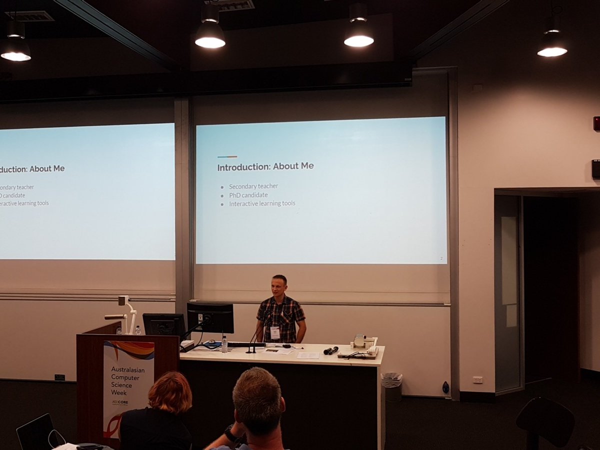 ace2018conf's tweet photo. Tyne Crow talking about his systematic review of interactive tutoring tools .. the best Student Paper for #Ace2018conf #acsw2018 #bestpaper https://t.co/E8PGRj1qmY