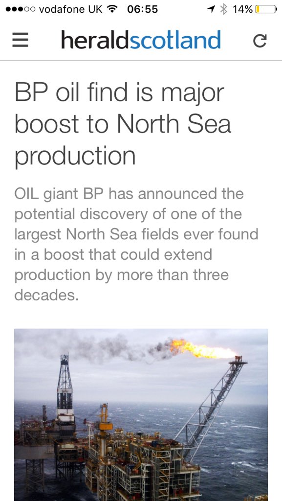 KeithSinclair5's tweet photo. Damn! Another new discovery of that black stuff we were told in 2014 was running out/worthless/our shoulders weren't broad enough for the price volatility. When oh when will majority of Scots realise that only a Yes vote @ #indyref2 is the answer? https://t.co/LgYPVnx5F2